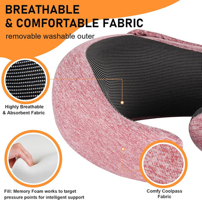 Travel Pillow - Hooded Neck Pillow Airplane Memory Foam Filling for Plane, Office, Cars Sleeping, Road Trip, Long Flights, Portable Plane Accessories, Includes Eye Mask & Earplugs (Red)