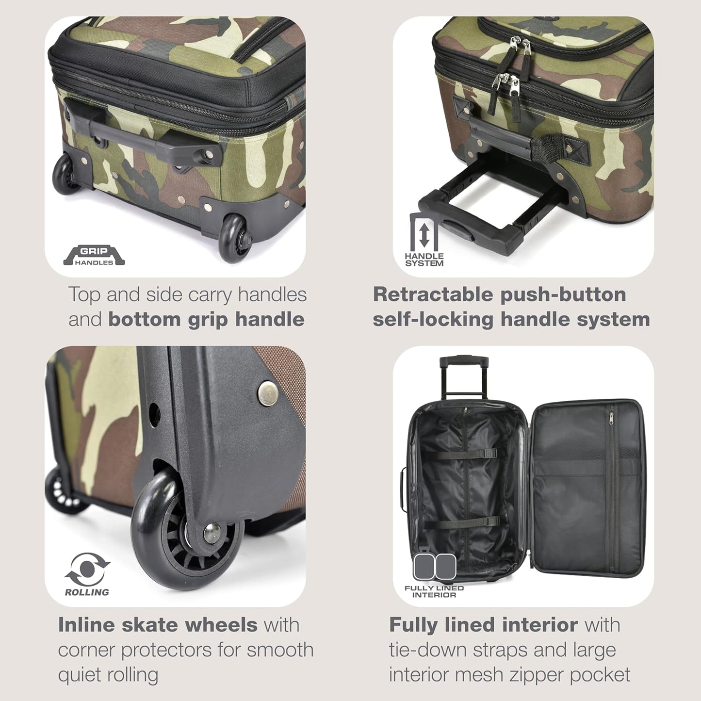 U.S. Traveler Rio Rugged Fabric Expandable Carry-on Luggage, Rolling Suitcase, Camouflage, 2 Wheel Set