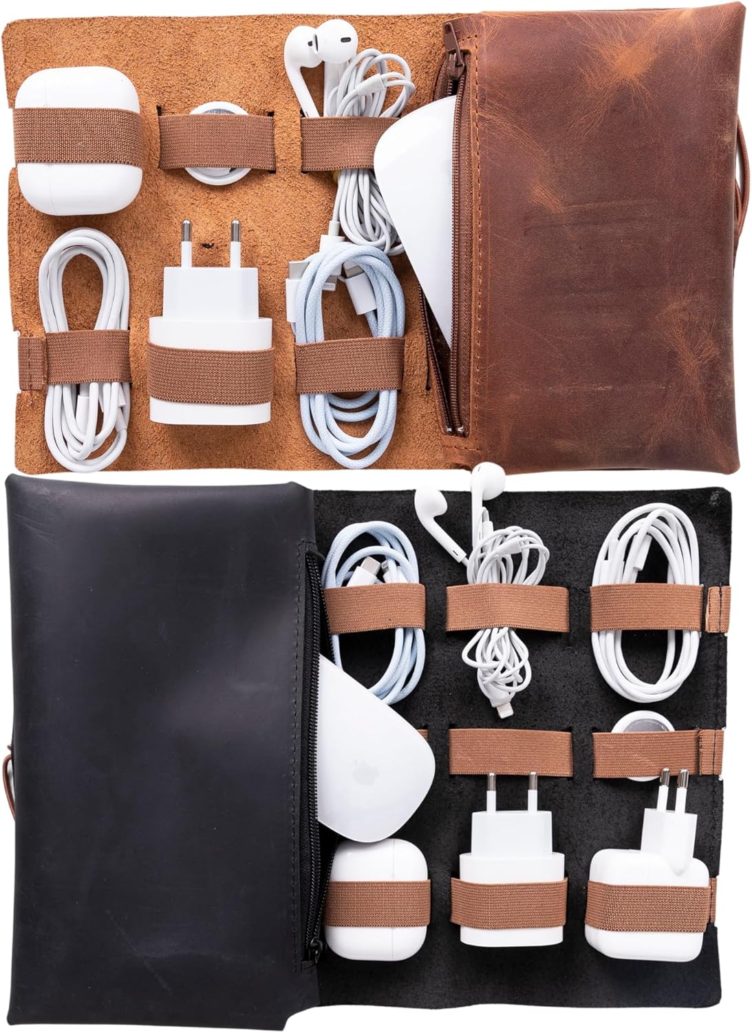 HARDISTON Custom Genuine Leather Electronic Cable Organizer Bag Handmade Travel Cord Organizer Roll Case for Hard Drives, Cables, Charger, Phone, USB, SD Card