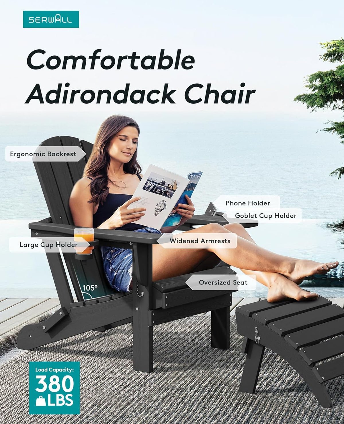 SERWALL HDPE Folding Adirondack Chair with Dual Cup Holder - Composite Adirondack Chair Set of 8- Black