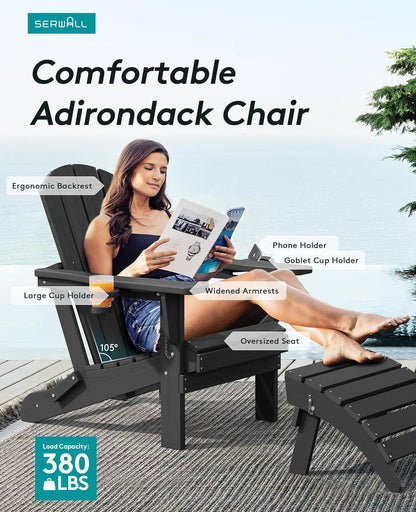 SERWALL HDPE Folding Adirondack Chair with Dual Cup Holder - Composite Adirondack Chair Set of 8- Black