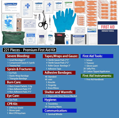 Premium First Aid Kit with Labelled Compartments, Emergency Survival Kit for Car, Home, Hiking and Travel – Compact Medical Kit for Roadside Emergencies, Outdoor Adventures, and Everyday Safety