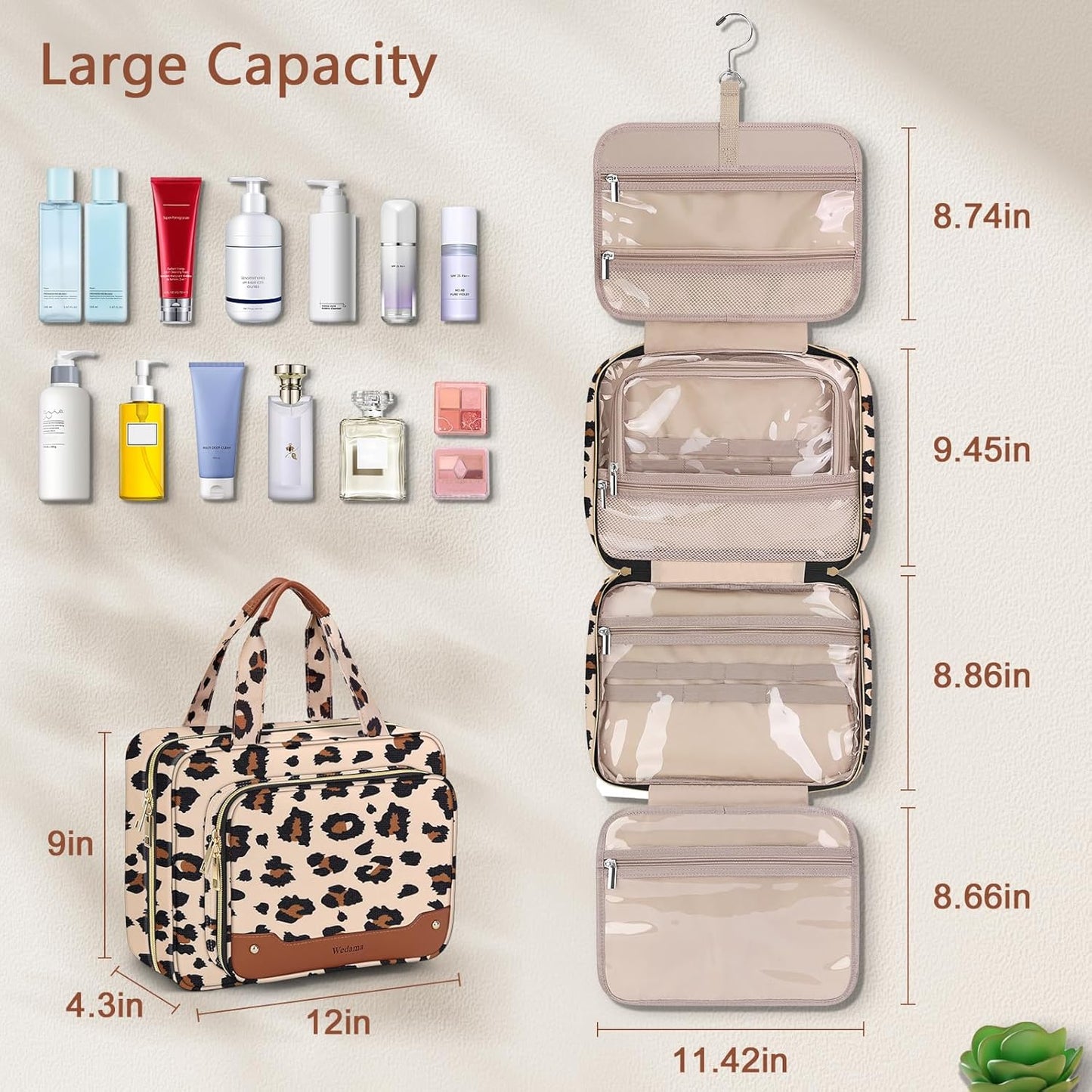 Wedama Toiletry Bag for Women, Hanging Travel Toiletry Bag with Jewelry Organizer Compartment Large Makeup Bag, PVC Waterproof Cosmetic Travel Bag Trips Camping Bathroom, Leopard Print