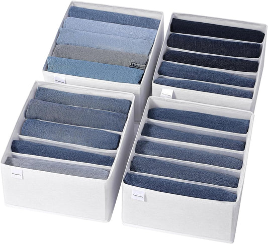 4 Packs Jeans Drawer Organizers for Clothing,5 Grids Compartment Wardrobe clothes organizer,Fabric Washable Closet Organizers and Storage Bins for Jeans,Pants,Bra,Legging,t-shirt-White