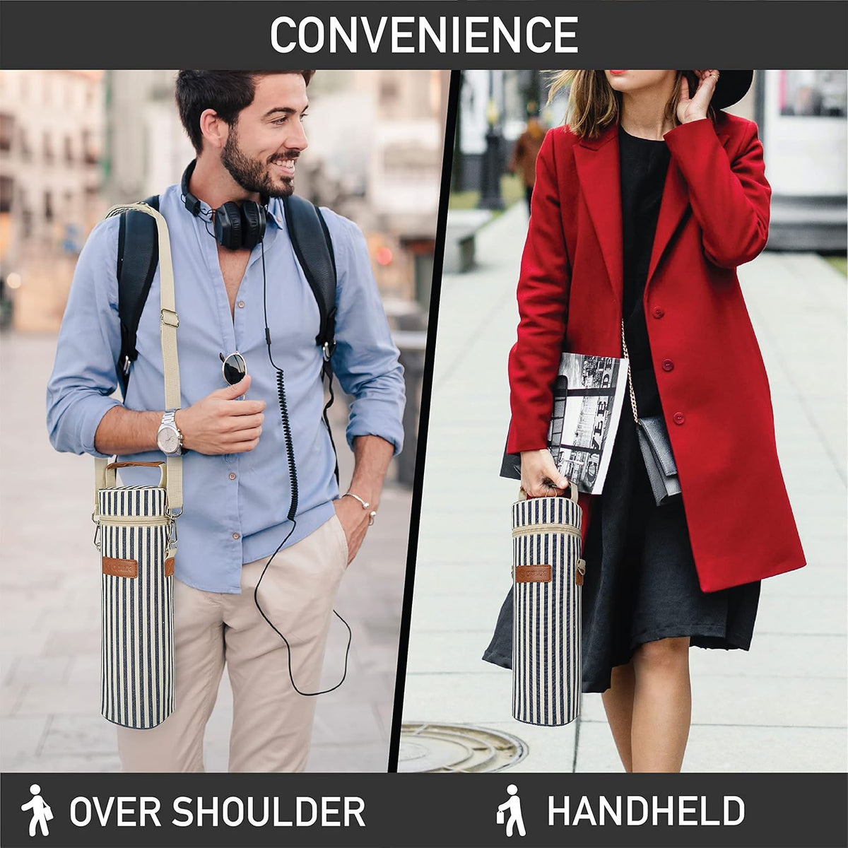 opux Wine Bag Single Bottle Carrier Tote, Insulated Wine Cooler Bag for Travel Picnic Beach with Shoulder Strap, Thermal One Bottle Holder Carrying Case Gift for Women Men, Navy White Stripes