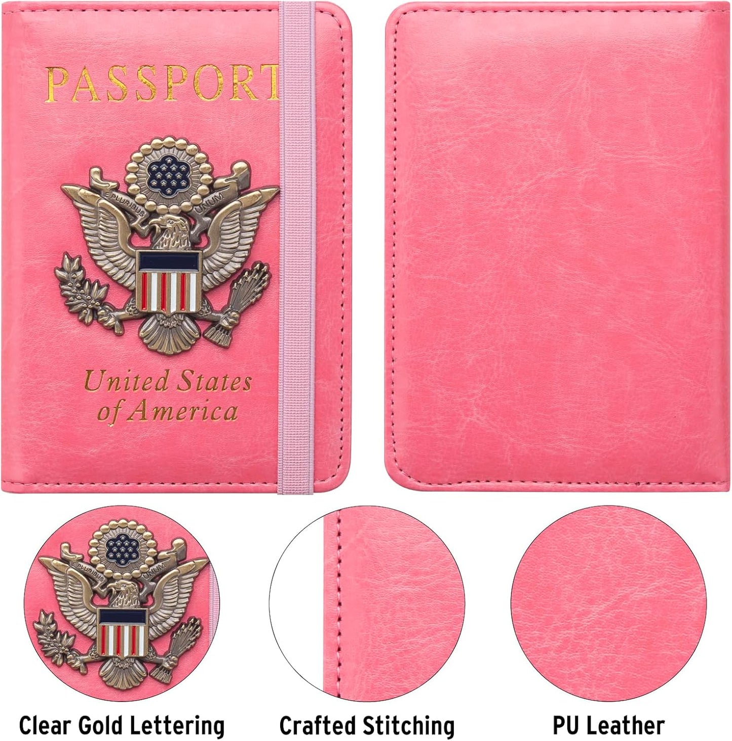 Passport Holder for Travel Passport Cover for Men Passport Wallet Case with Metal 3D Metal Badge Protector Leather Card Case RFID Blocking Women Travel Accessories Document Organizer (Pink)