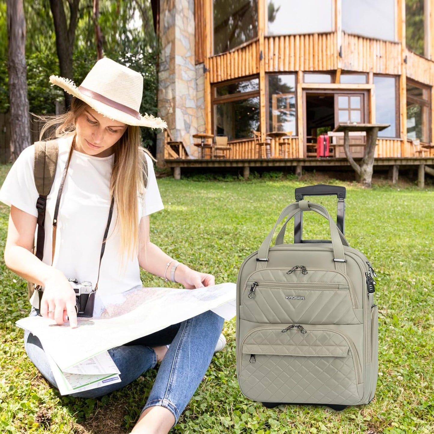 KROSER Carry On Underseat Multi-functional, 16-inch Underseater Lightweight Overnight Suitcase for Women, Light Khaki