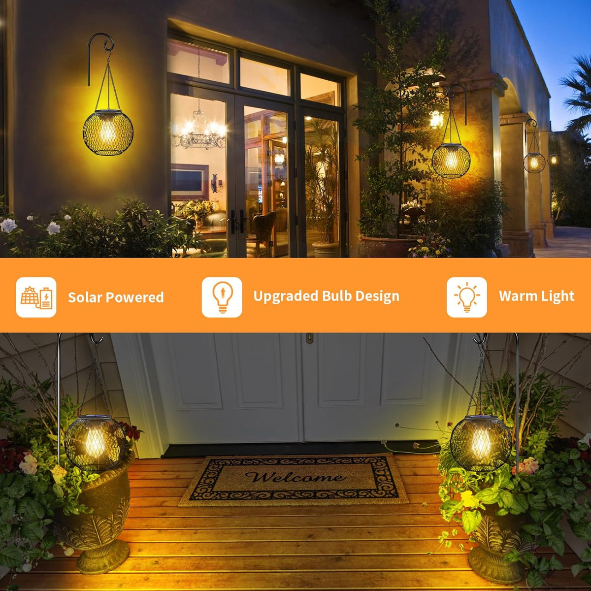 UBright Solar Lanterns Lights Outdoor Waterproof Metal Hanging Solar Powered Lights for Outside Decorative Lanterns for Garden Yard Patio Pathway, 2 Pack