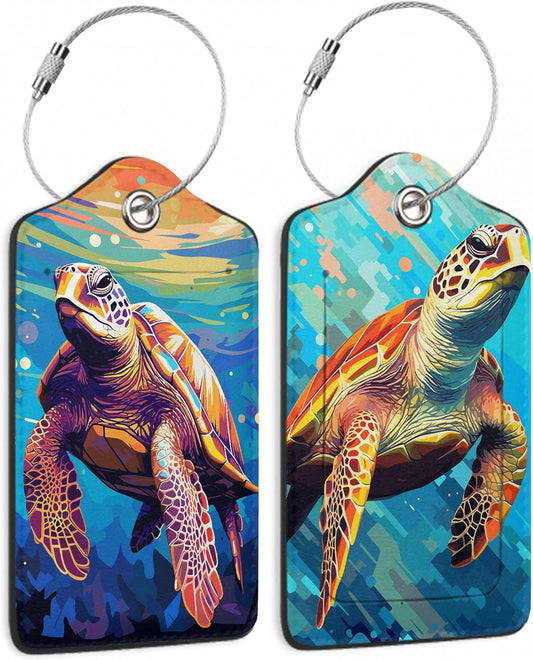 Set of 2 Luggage Tags for Suitcases, Leather Watercolor Sea Turtle Baggage Tags with Stainless Steel Loop, Privacy Name ID Card Cover Kawaii Travel Labels for Women Men Kids Girls