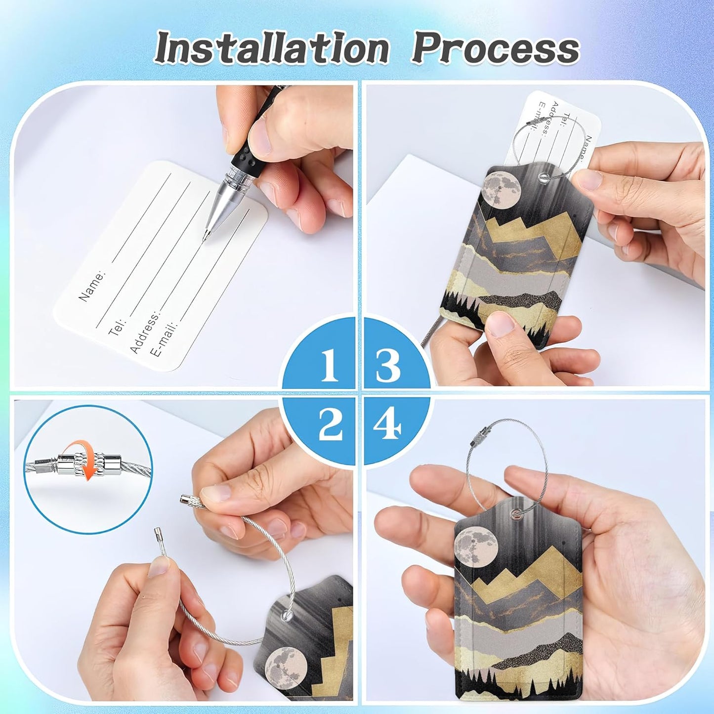 3 Pack Luggage Tag for Suitcase,Abstract Golden Mountain Leather Luggage Tags with Privacy Cover Name ID Label Identifiers Travel Bag Tags for Women Men Boys Girls