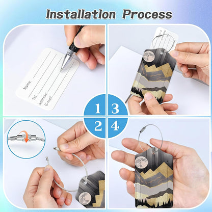 3 Pack Luggage Tag for Suitcase,Abstract Golden Mountain Leather Luggage Tags with Privacy Cover Name ID Label Identifiers Travel Bag Tags for Women Men Boys Girls