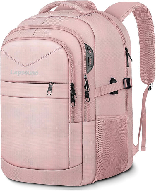 Lapsouno Large Backpack for Women, TSA 17.3 Inch Travel Laptop Backpack with USB Port, College School Business Backpack, Light Pink