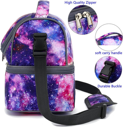 FlowFly Double Decker Cooler Insulated Lunch Bag Large Tote for Boys, Girls, Men, Women, With Adjustable Strap,Galaxy
