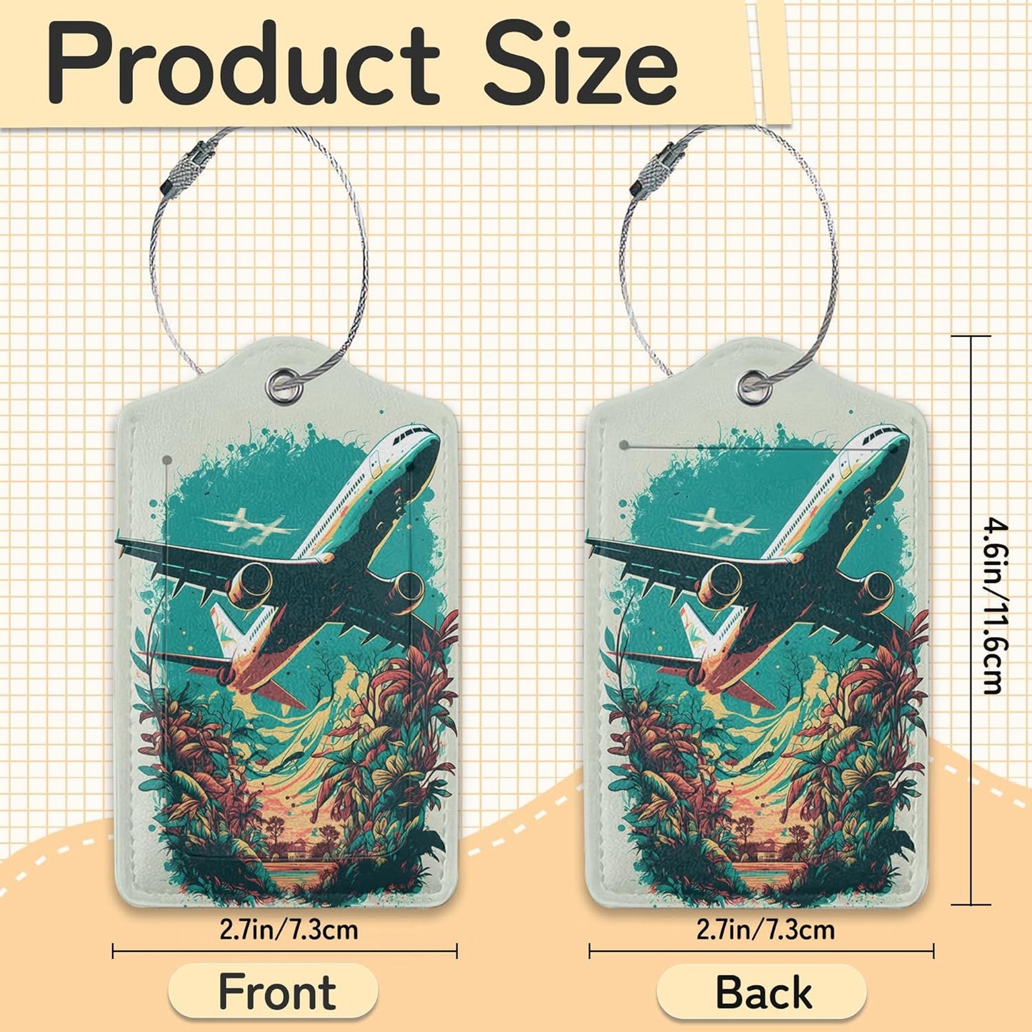 Airplane in The Sky Luggage Tags for Suitcase,3 Pack Luggage Tag Leather Privacy Cover ID Label with Stainless Steel Loop for Women Men