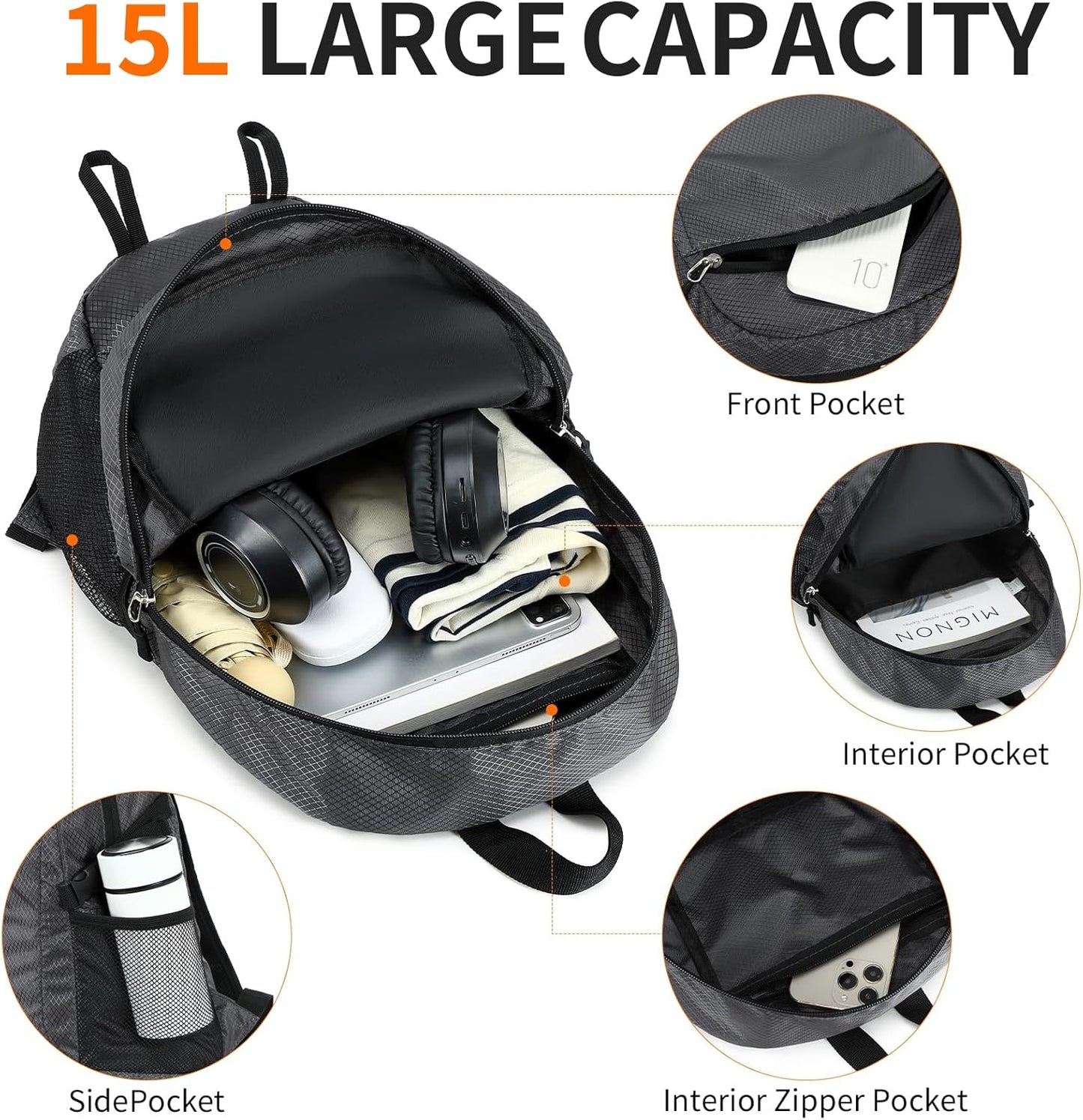 Small Hiking Daypack,15L Waterproof Hiking Backpack Packable Lightweight Travel Day Pack for Women Men (Grey, Small)