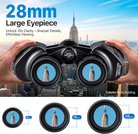 20x50 High Power Binoculars for Bird Watching 28mm Large Eyepiece Life Waterproof Binoculars for Hunting Hiking Concert Travel with Smartphone Adapter BAK4 Prism FMC Lens, Black