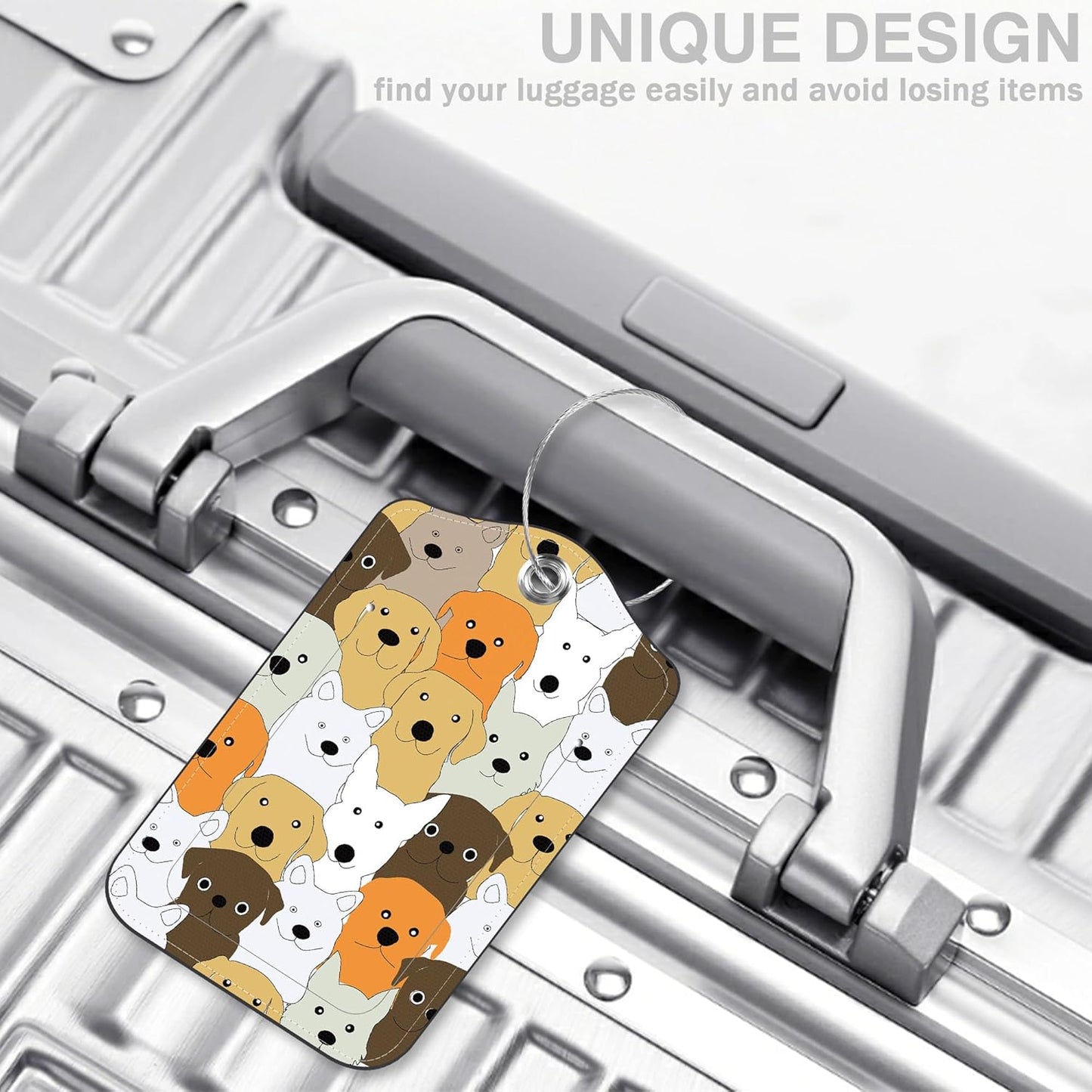 Cute Doodle Dog Set of 2 Luggage Tags for Suitcases Leather Suitcase Tags Identifiers with Privacy Name Address Label and Stainless Steel Loop for Women Men Travel Luggage Accessories