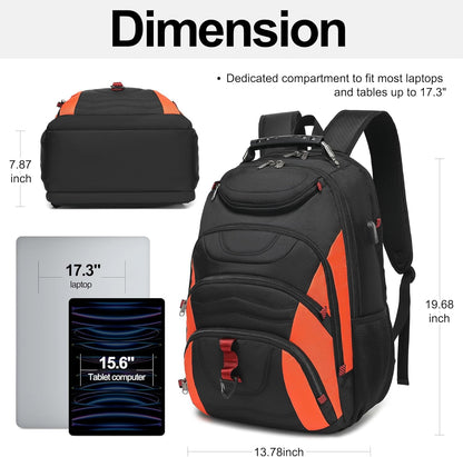 Boavan Laptop Backpack for men, 17.3 inch Laptop Bag with USB Port, Waterproof Travel Work Backpack Purse, Anti-Theft Teacher Nurse Doctor Casual Bookbags Office Business backpack，Black&Orange