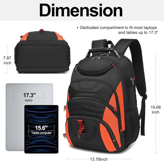 Boavan Laptop Backpack for men, 17.3 inch Laptop Bag with USB Port, Waterproof Travel Work Backpack Purse, Anti-Theft Teacher Nurse Doctor Casual Bookbags Office Business backpack，Black&Orange