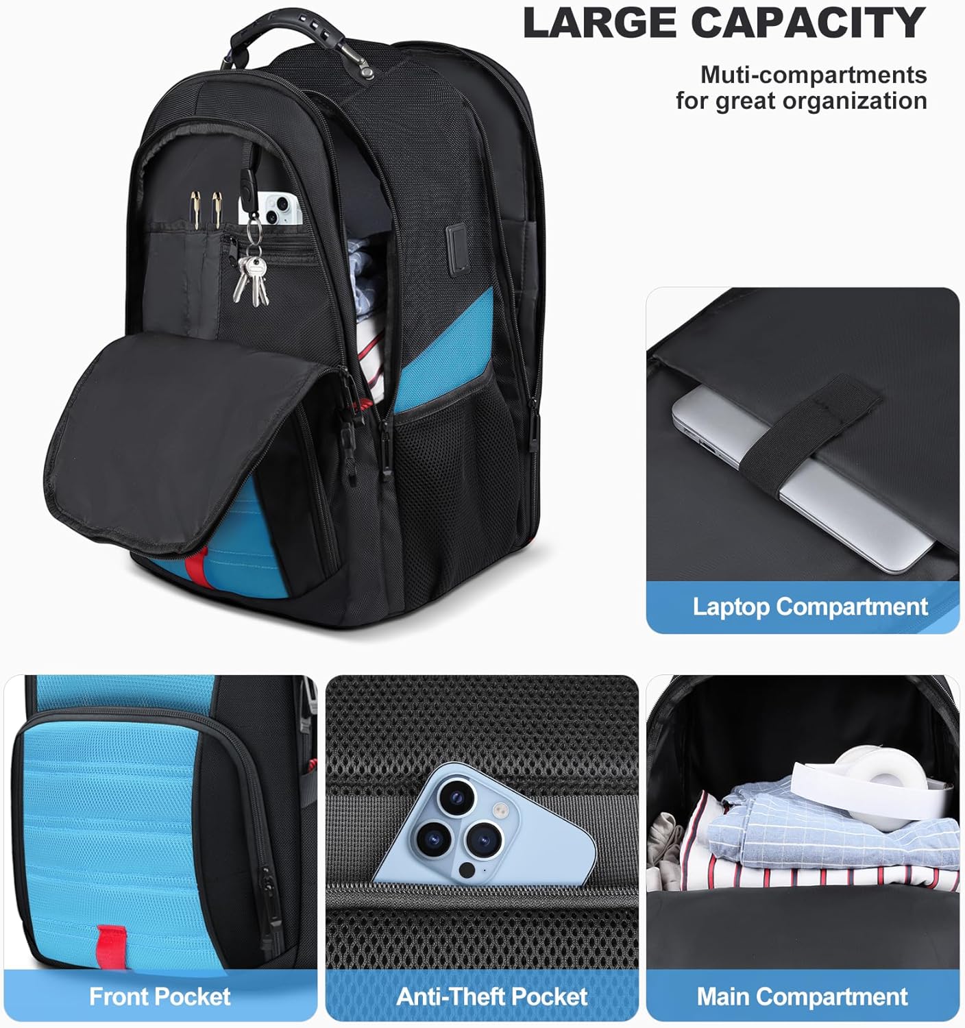 Extra Large Backpack, Travel Laptop Backpack for Men Women, Big Backpack, 50L Water Resistant School Business Work College Computer College Heavy Duty Bag, Fits 17 Inch Laptop, Blue