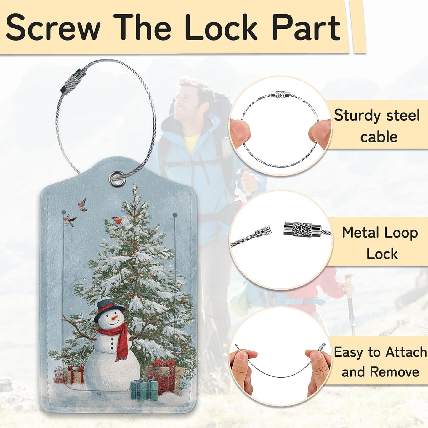 Merry Christmas 3 Pack PU Leahter Luggage Tag with Stainless Steel Loop,Christmas Tree Travel Suitcase Labels with Privacy Cover ID Label Quickly Spot for Bags