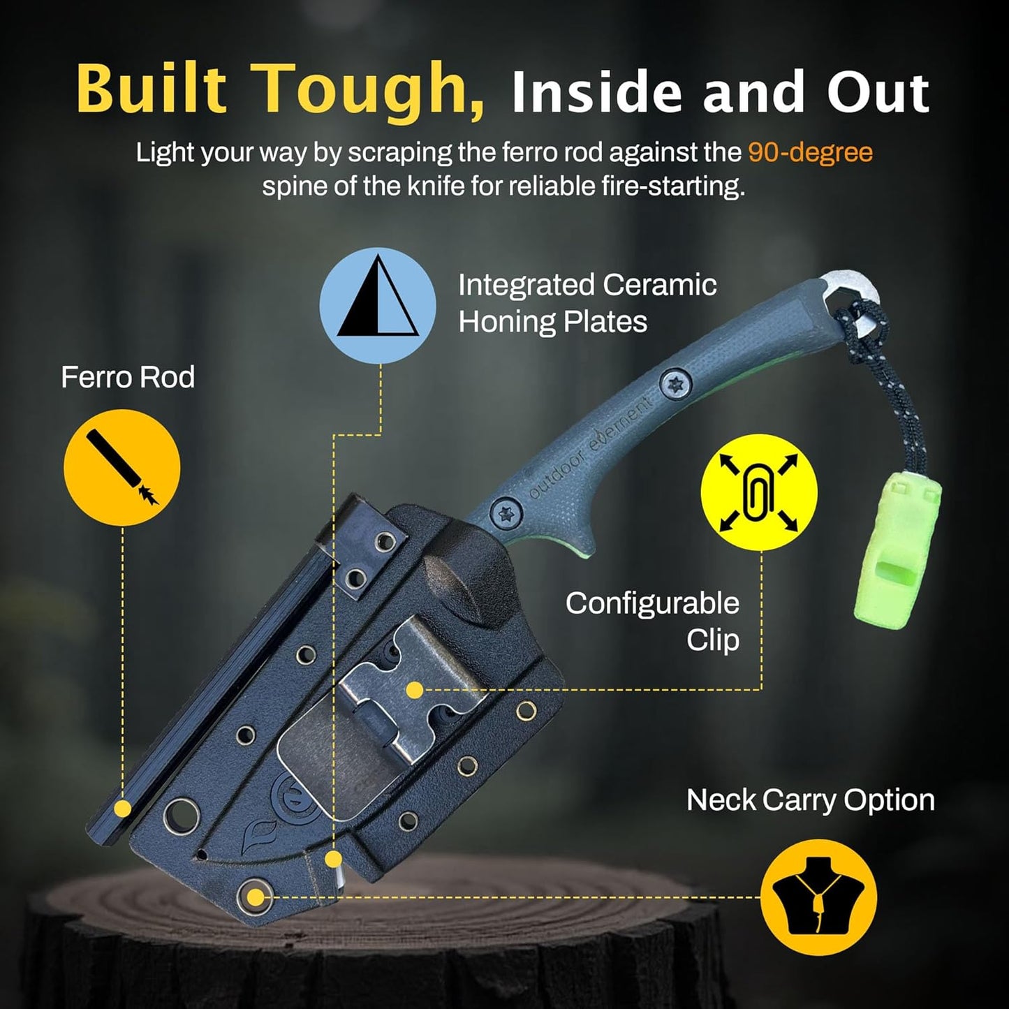 Scout Feather Glow - Fixed Blade Survival Knife with built-in Firestarter for Camping, Hunting, Outdoor Adventure and Culinary Need - VG10 Blade, Whistle, Knife Sharpener, Compact Sheath & G10 Handle