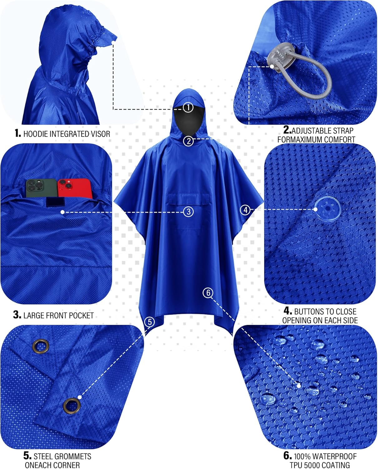 iCreek Hooded Rain Poncho with Pocket Waterproof Lightweight Unisex Raincoat Jacket for Hiking, Camping, Outdoor