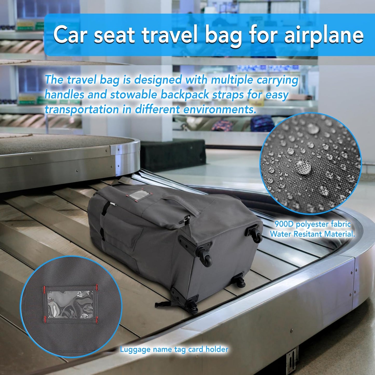 Car Seat Travel Bag with Wheels Heavy Duty Water-resistant Protective Cover for Airplane Travel & Rolling Design, Padded Handle,Padded Adjustable Strap (Grey)