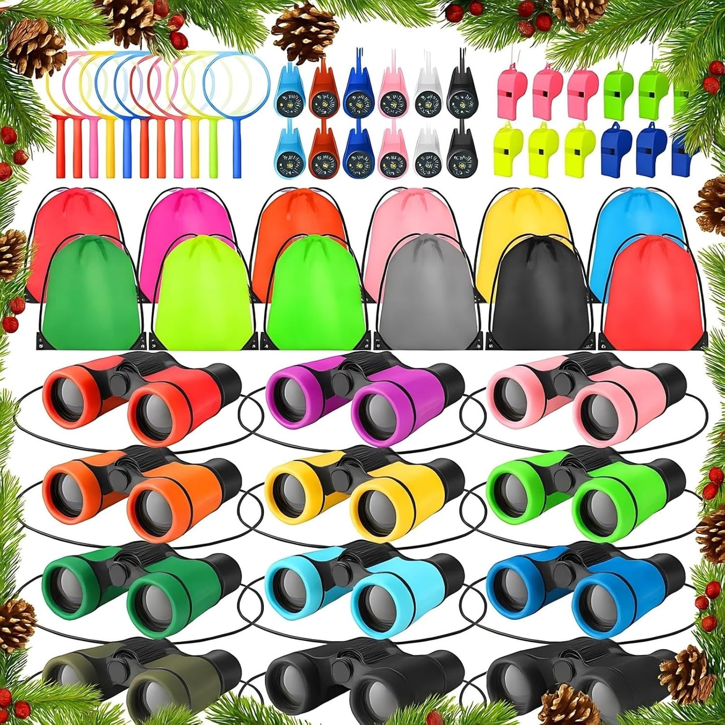 12 Set Binocular Compass Magnifying Glass Set Christmas Birthday Gift Small Telescope Binocular with Whistle Bag for Outdoor Exploring Stocking Stuffer(Multiple Color,Classic)