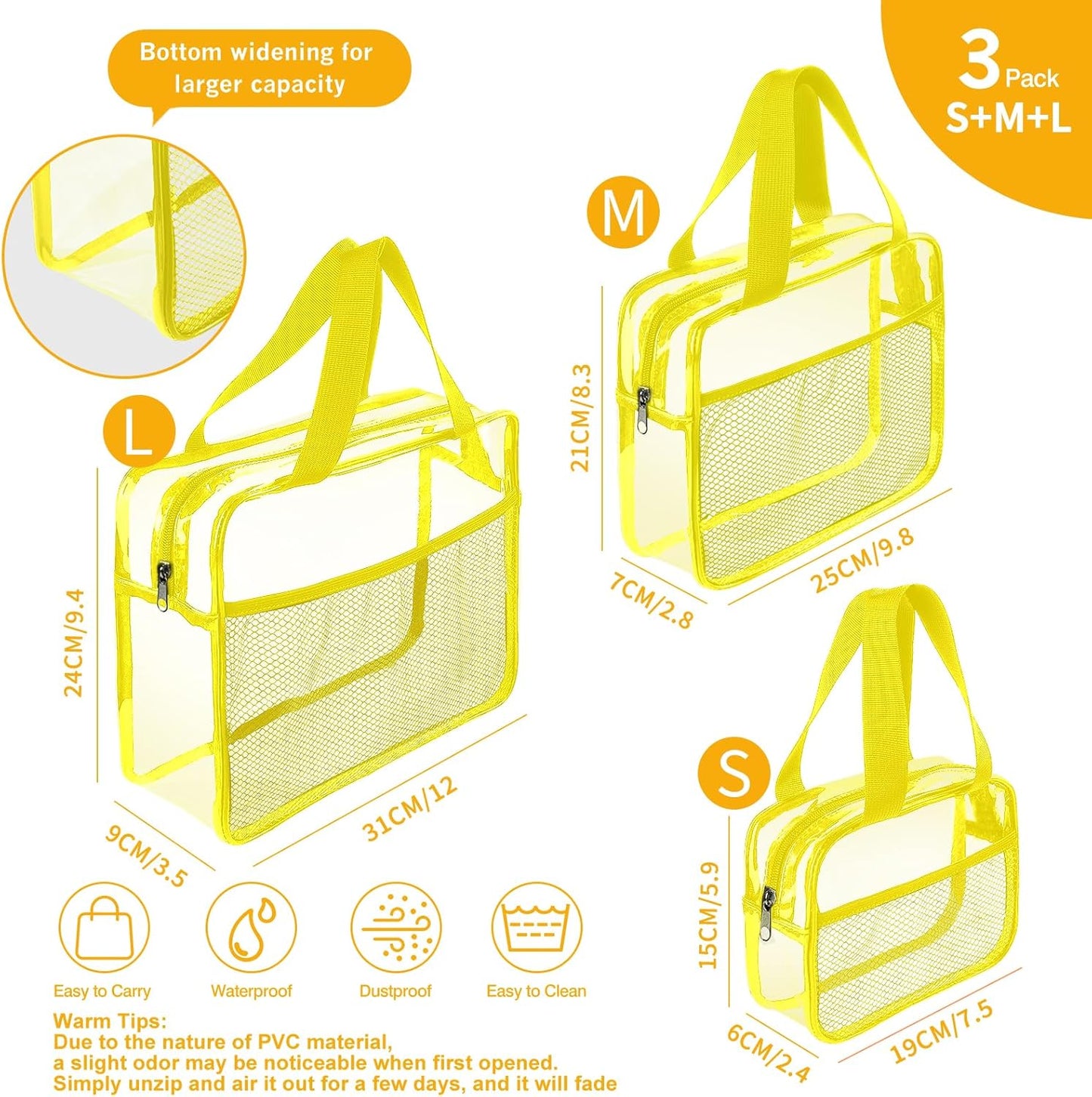 XEWEA Clear Travel Toiletry Bags, 3 Pack TSA Approved Transparent Makeup Bag for Men Women,Large Waterproof PVC Quart Organizer Kit with Zipper for Toiletries Airline Essential,Toy Pouch Yellow