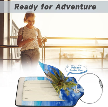 Beach Sea Luggage Tags for Suitcases,2 Pack Coconut Palm Tree Luggage Tag,Leather Stainless Steel Loop Label Tag for Women Men Girls Travel Bag Suitcase