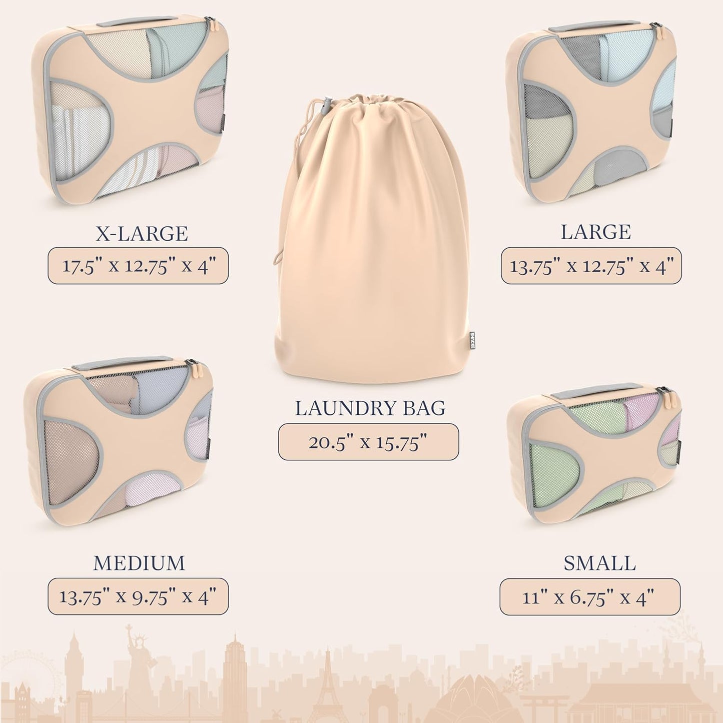 Shacke Premium 5 Packing Cubes Set - Lightweight Mesh Travel Luggage Organizers with Laundry Bag, 5-Piece Suitcase Storage System (Nude Biege)