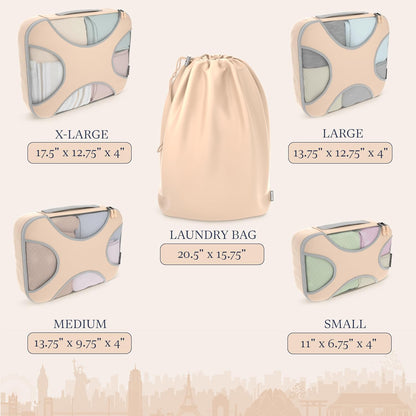 Shacke Premium 5 Packing Cubes Set - Lightweight Mesh Travel Luggage Organizers with Laundry Bag, 5-Piece Suitcase Storage System (Nude Biege)