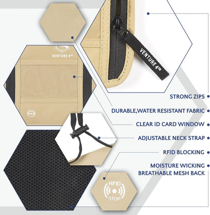 VENTURE 4TH Passport Holder Neck Wallet with RFID Blocking Nylon Lining - Hidden Neck Pouch for Travel (Beige)