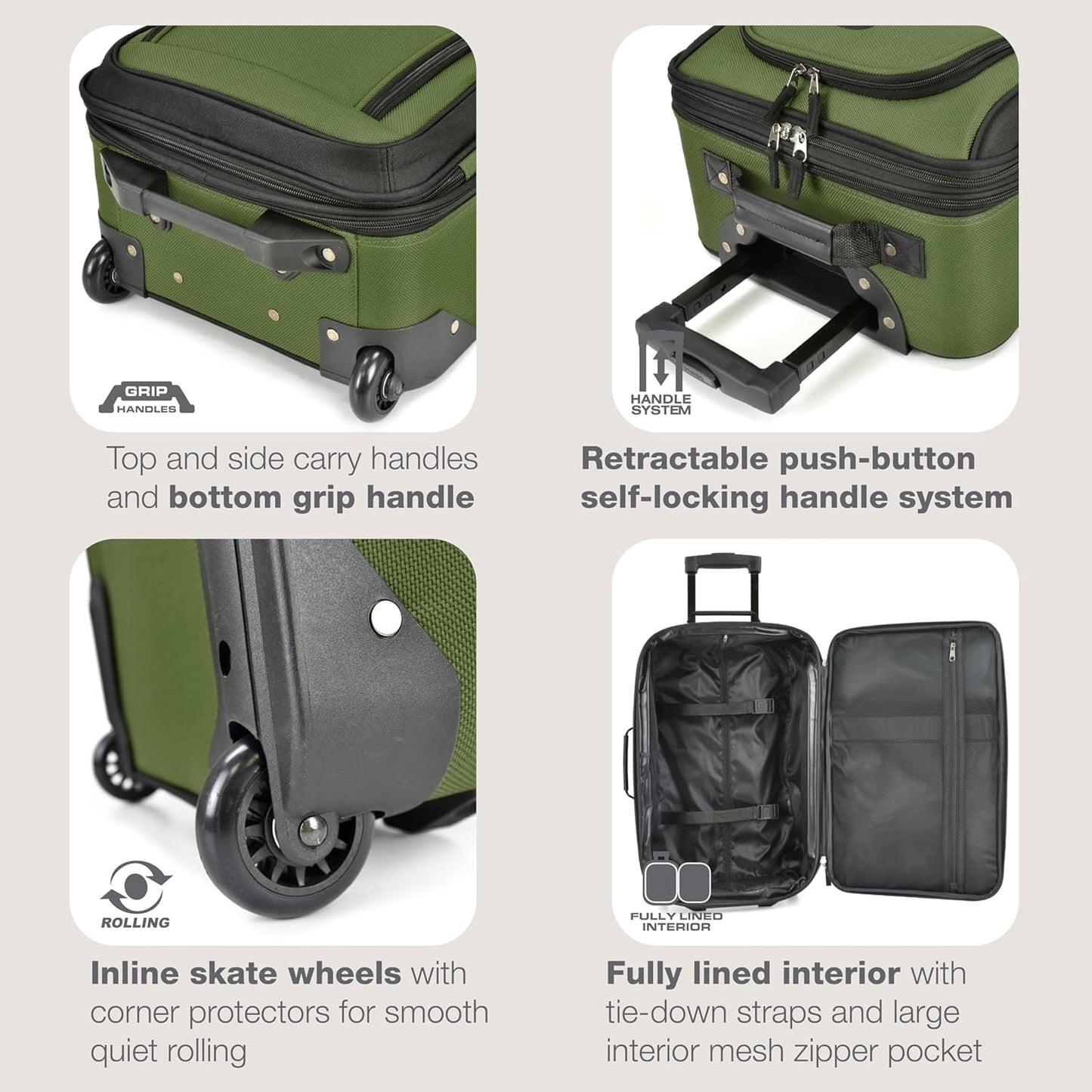 U.S. Traveler Rio Softside Expandable Carry-on Rolling Luggage, Green, 2 Wheel Set