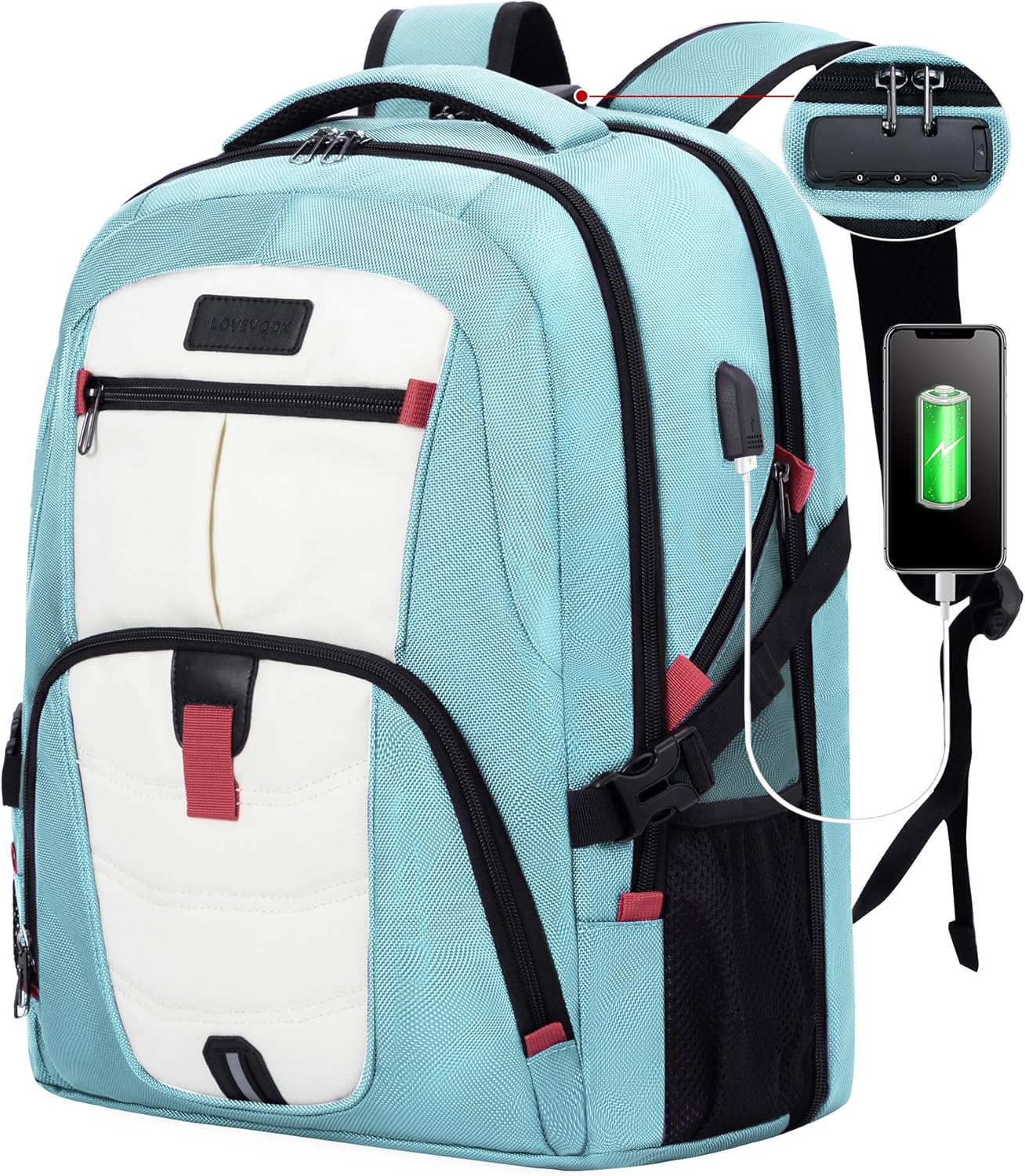 LOVEVOOK Travel Laptop Backpack Waterproof Anti Theft Backpack with Lock and USB Charging Port Large Computer Business Backpack for Women College Backpack (17 inch,Paleturquoise & White
