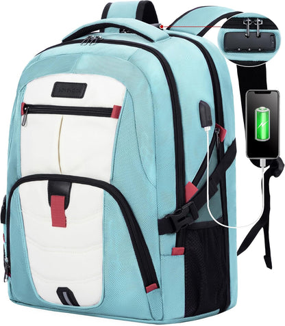 LOVEVOOK Travel Laptop Backpack Waterproof Anti Theft Backpack with Lock and USB Charging Port Large Computer Business Backpack for Women College Backpack (17 inch,Paleturquoise & White
