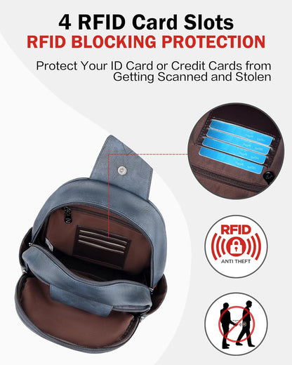 FADEON Large Sling Bag for Women, Leather Crossbody Purse Designer Anti Theft Sling Backpack, RFID Fanny Packs for Travel