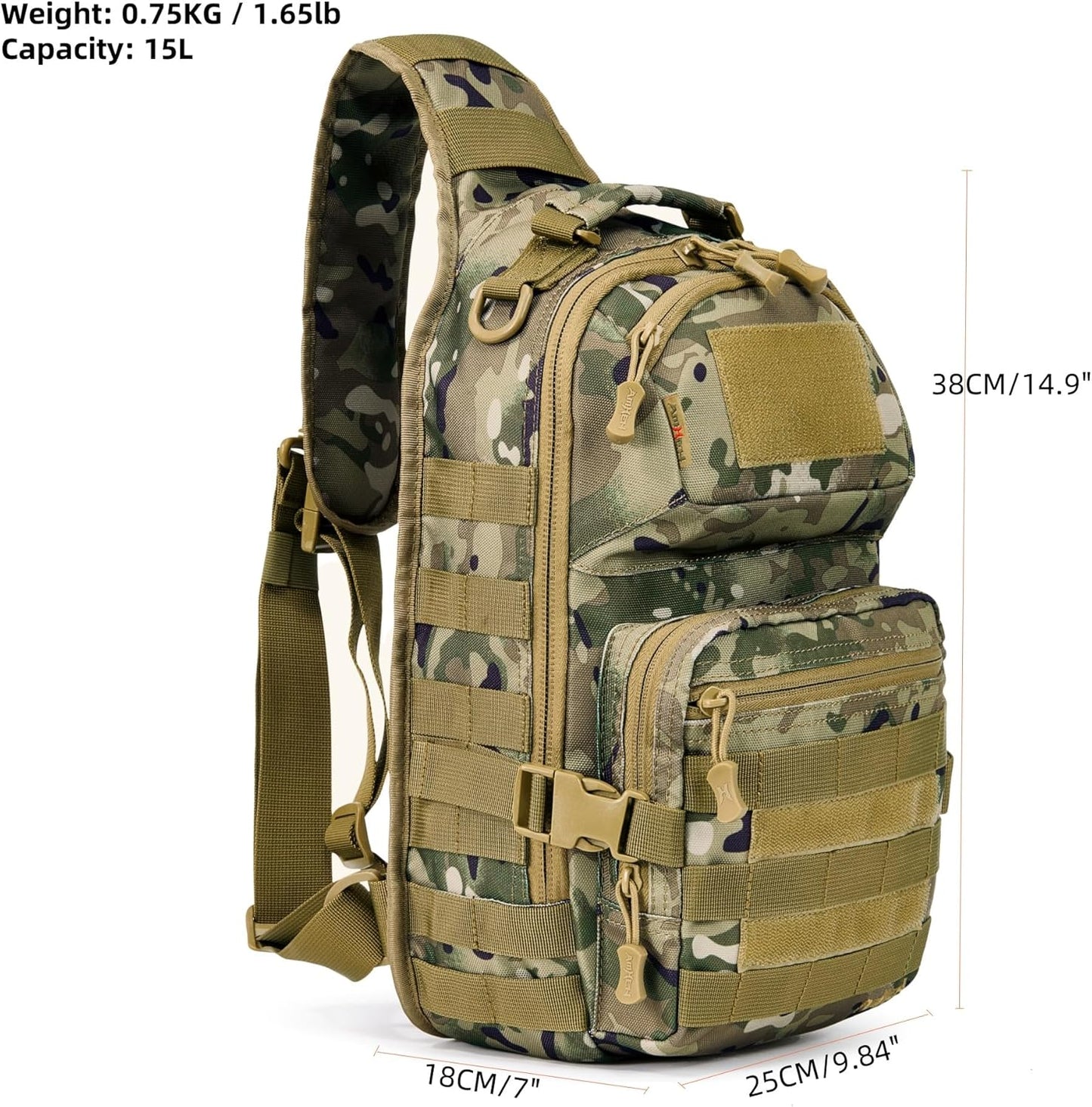 15L Tactical Crossbody Sling Bag | Everyday One Shoulder Backpack Fit 12 Inch Laptop, Molle, Daily Use, Travel, Hiking (Camo)