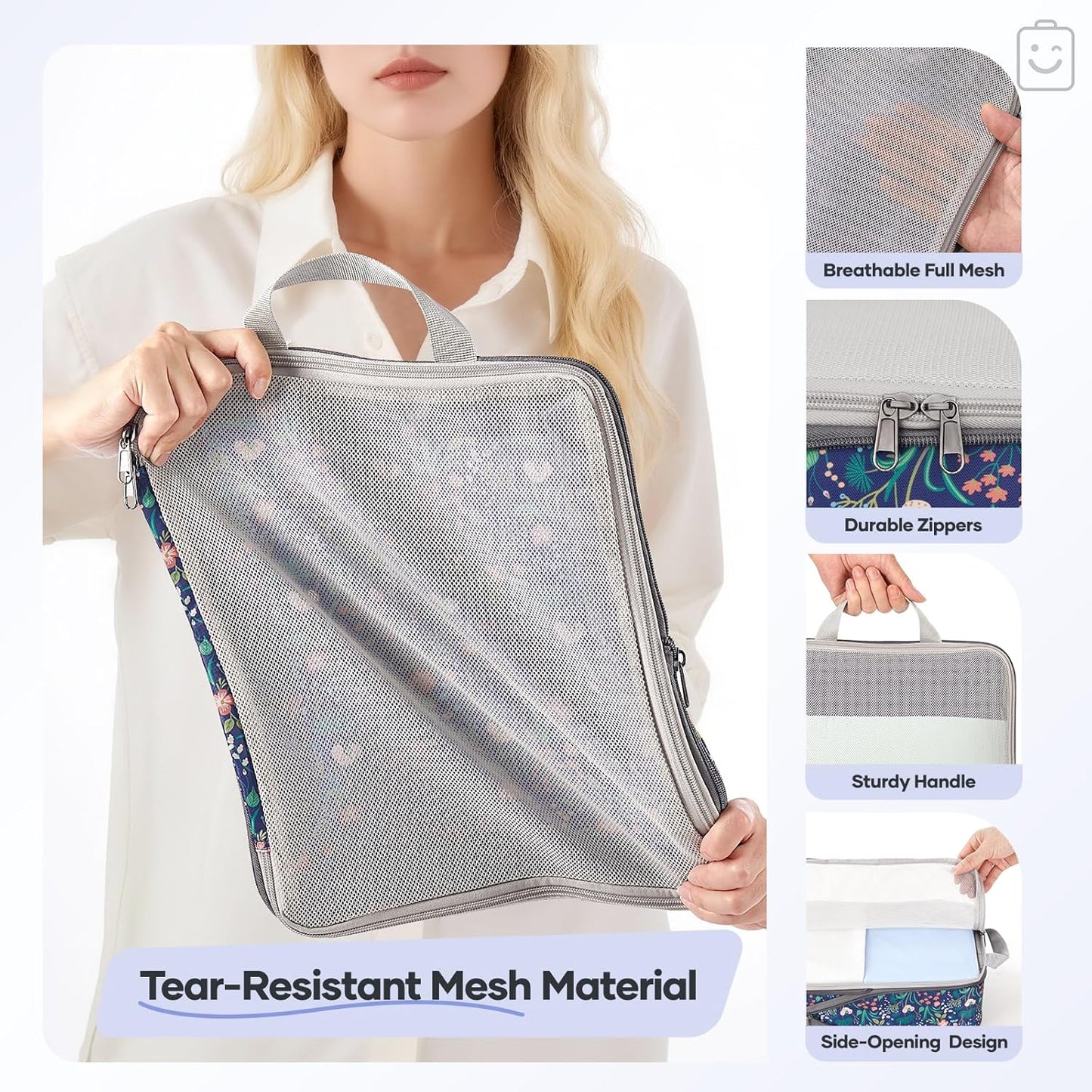 Veken 11 Set Compression Packing Cubes for Travel Essentials,Compressible Expandable Large Luggage Suitcase Organizer Bags for Clothing,Durable Space Saver Storage Bags(Dark Blue Floral)