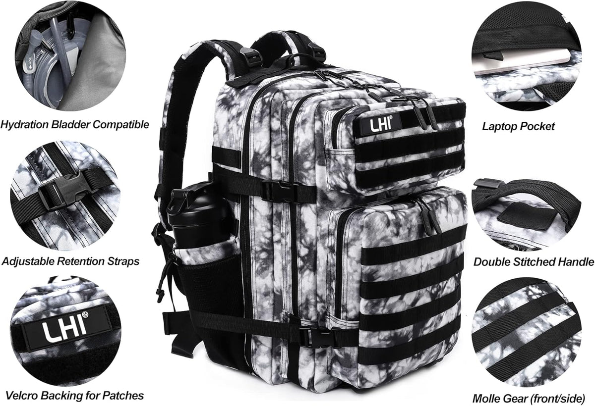 LHI Military Tactical Backpack for Men Molle Daypack 45L Army 3 Days Assault Pack Bag Large Rucksack With Bottle Holder Black and White(12*20*12)