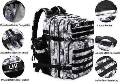 LHI Military Tactical Backpack for Men Molle Daypack 45L Army 3 Days Assault Pack Bag Large Rucksack With Bottle Holder Black and White(12*20*12)