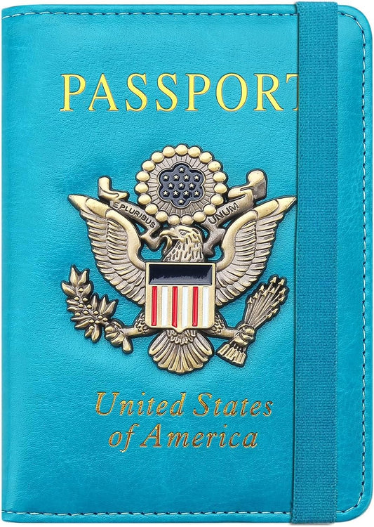 Passport Holder for Travel Passport Cover for Men Passport Wallet Case With 3D Metal Badge Protector Leather Card Case RFID Blocking Women Travel Accessories Document Organizer (Sky Blue)