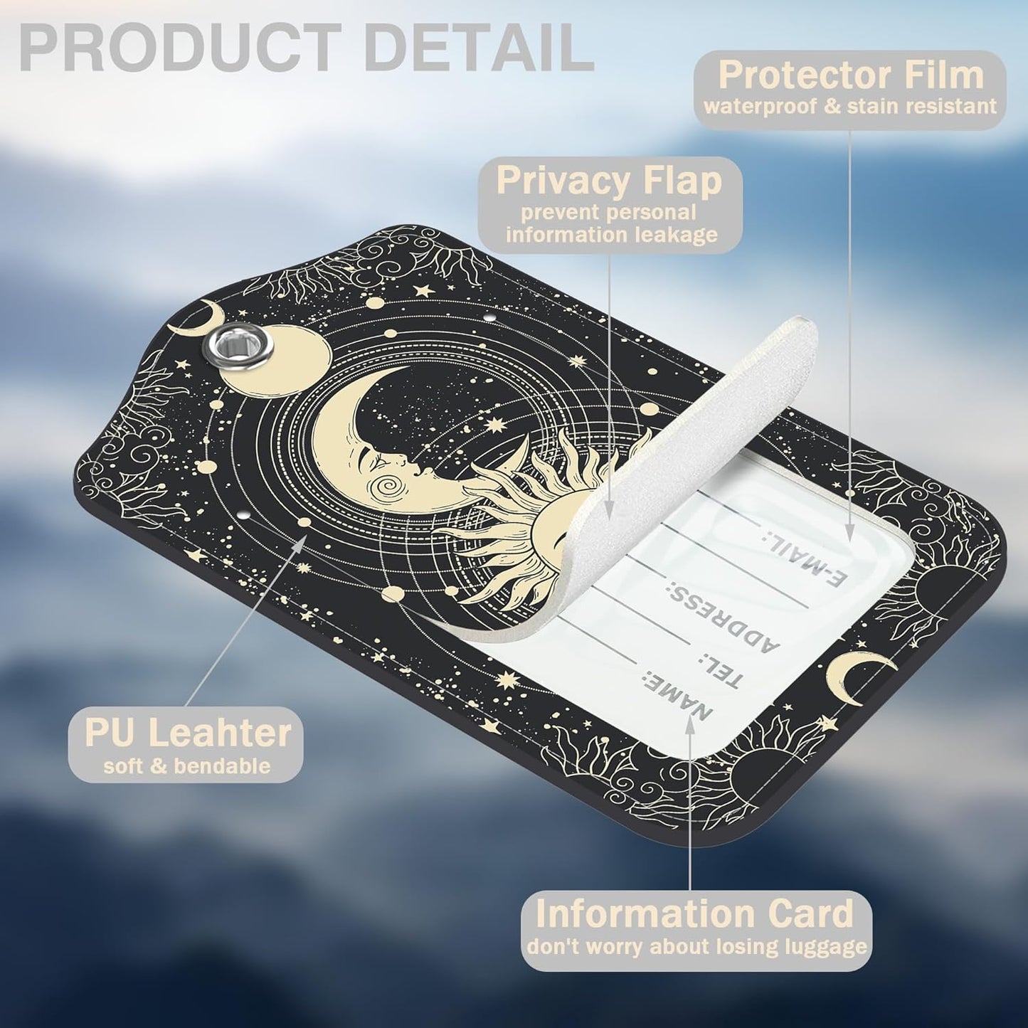 Set of 2 Luggage Tags for Suitcases Sun Moon Astrology Phases Leather Suitcase Tags Identifiers with Privacy Name Address Label and Stainless Steel Loop for Women Men Travel Luggage Accessories