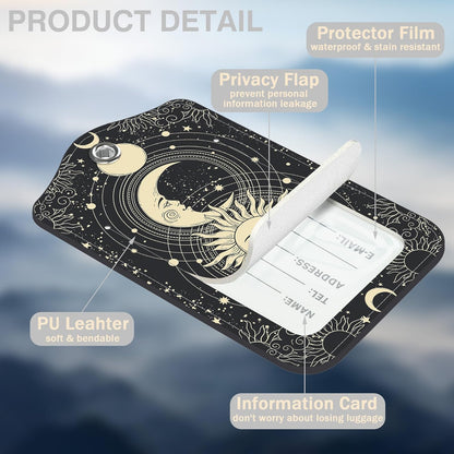 Set of 2 Luggage Tags for Suitcases Sun Moon Astrology Phases Leather Suitcase Tags Identifiers with Privacy Name Address Label and Stainless Steel Loop for Women Men Travel Luggage Accessories