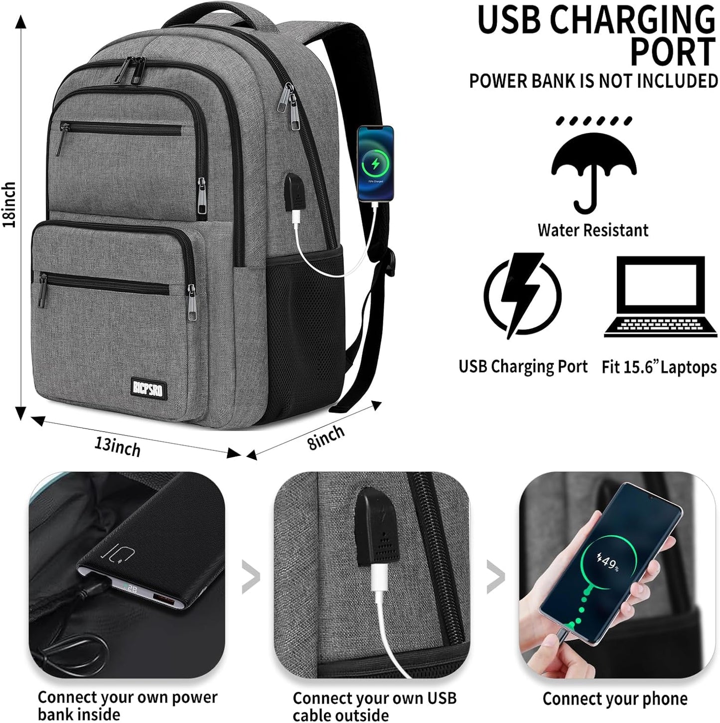 Backpack for School, School Backpack for Boys Girls Teens, College Book Bag, Water Resistant Bookbag, Back Pack for Men Women, Business Work Travel Grey