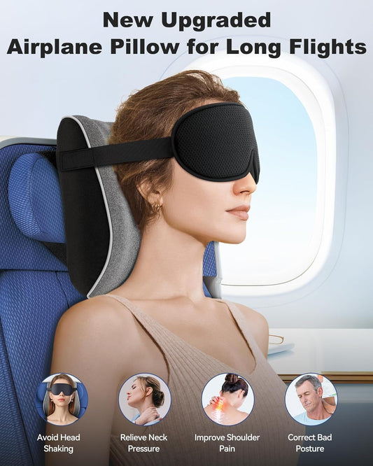 JefDiee Travel Pillows for Airplanes,Travel Pillow with Eye Mask,Prevents Head Forward,Neck Pillow Airplane for Sleeping,Used for Long Flight,Road Trip,Car Headrest