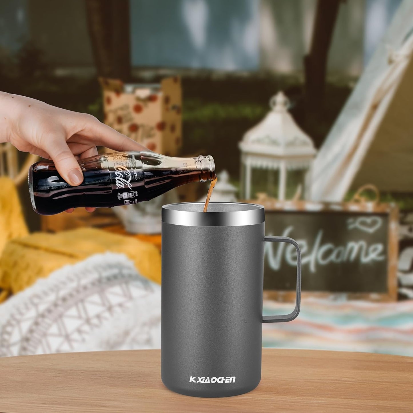 KXIAOCHEN 20oz Insulated Coffee Mug with Lid, Stainless Steel Coffee Cup, Double Wall Vacuum Coffee Tumbler with Handle, Premium Thermal Travel Coffee Mug (Silver grey)