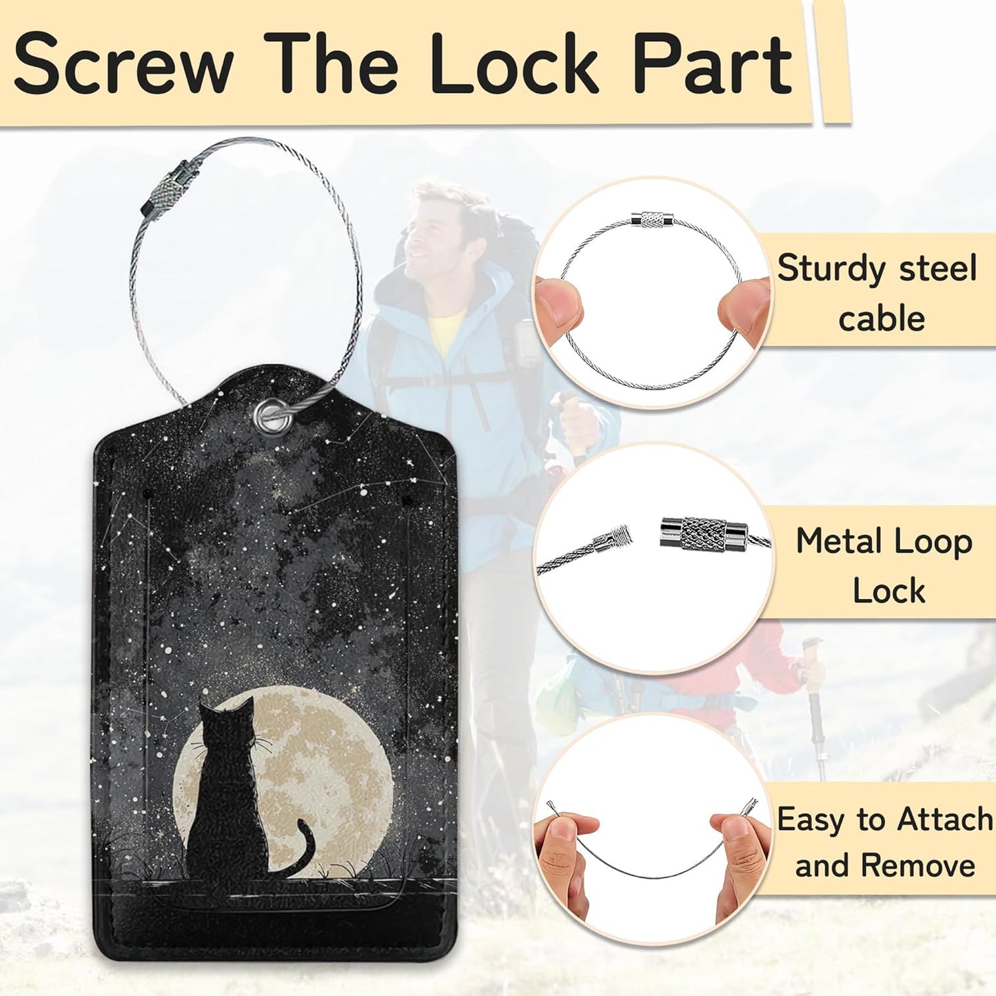 3 Pack Black Cat Luggage Tags for Suitcases, Moon Night Cute Leather Name Tag with Privacy Cover with Stainless Steel Loops, Travel ID Bag Tags for Women Men