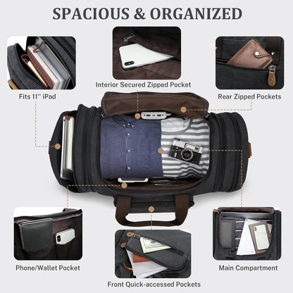 Gonex Canvas Duffle Bag for Travel 60L Expandable Duffel Weekend Overnight Bag men (Dark Gray)